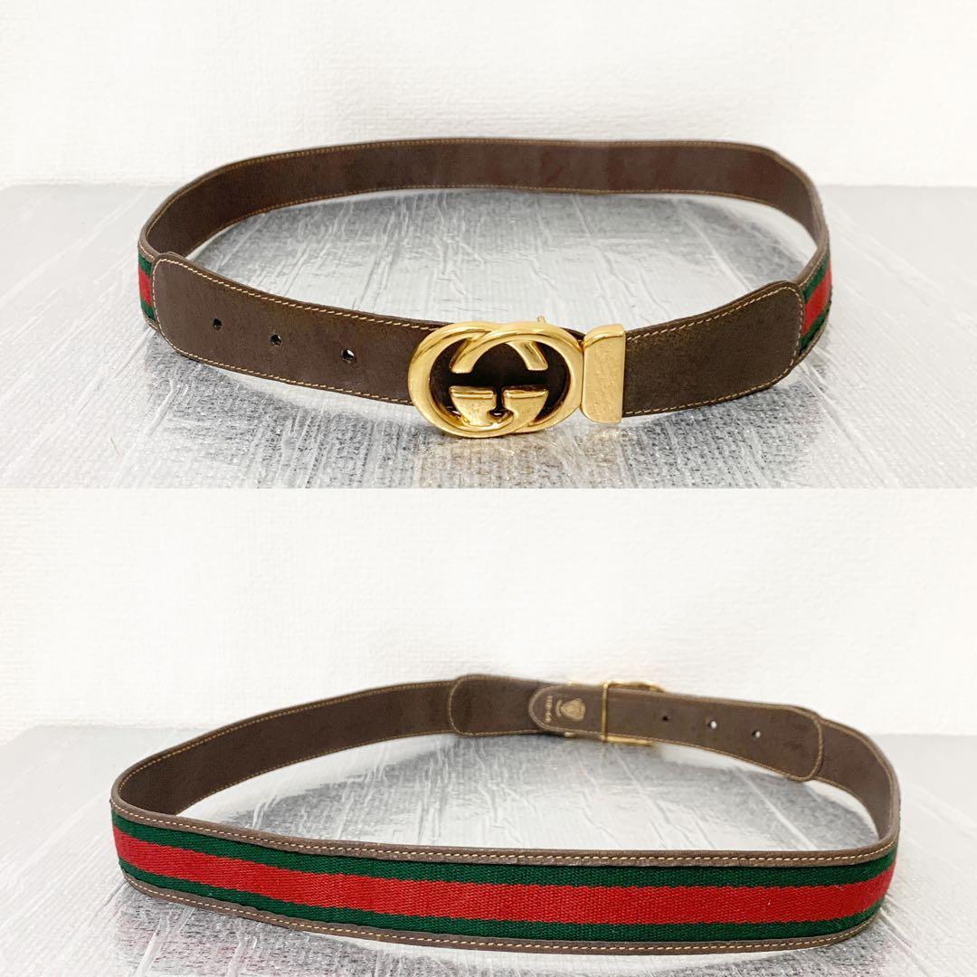 美品GUCCI グッチ　ベルト　シェリーライン　キャンバス　レザー　GGバックル