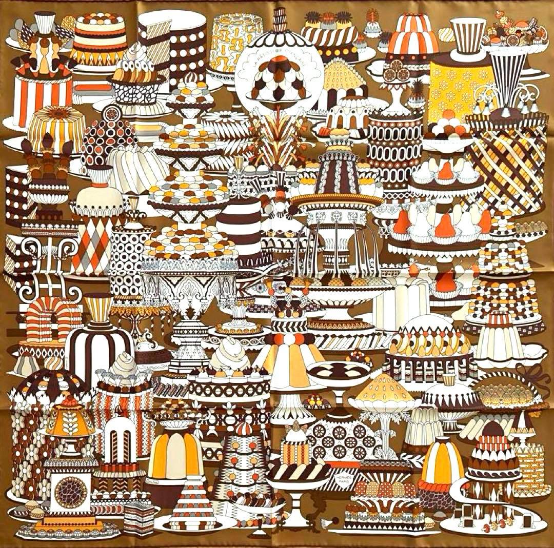 希少色 美品 エルメス シルクスカーフ カレ90 パティスリーフランセーズ 菓子