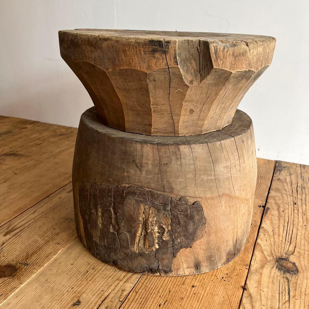 アンティーク ローテーブル 椅子 欅 臼 プリミティブ 無塗装 送料込