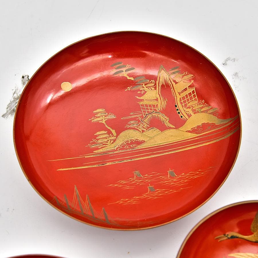 時代年代物 木製朱塗 盃台 盃 七客 楼閣山水 瑞鶴図 金蒔絵 お屠蘇 お正月