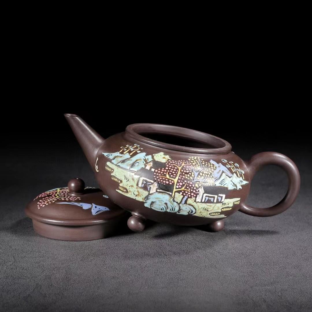 中国古美術・三足水平紫砂壺・ 底款：貢局・宜興原鉱・紫泥急須・茶壺・茶道具・置物