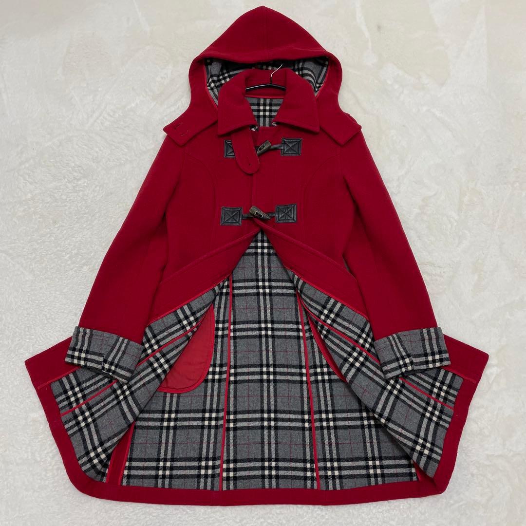 【美品】バーバリーブルーレーベル ノバチェック ダッフルコート レッド グレー