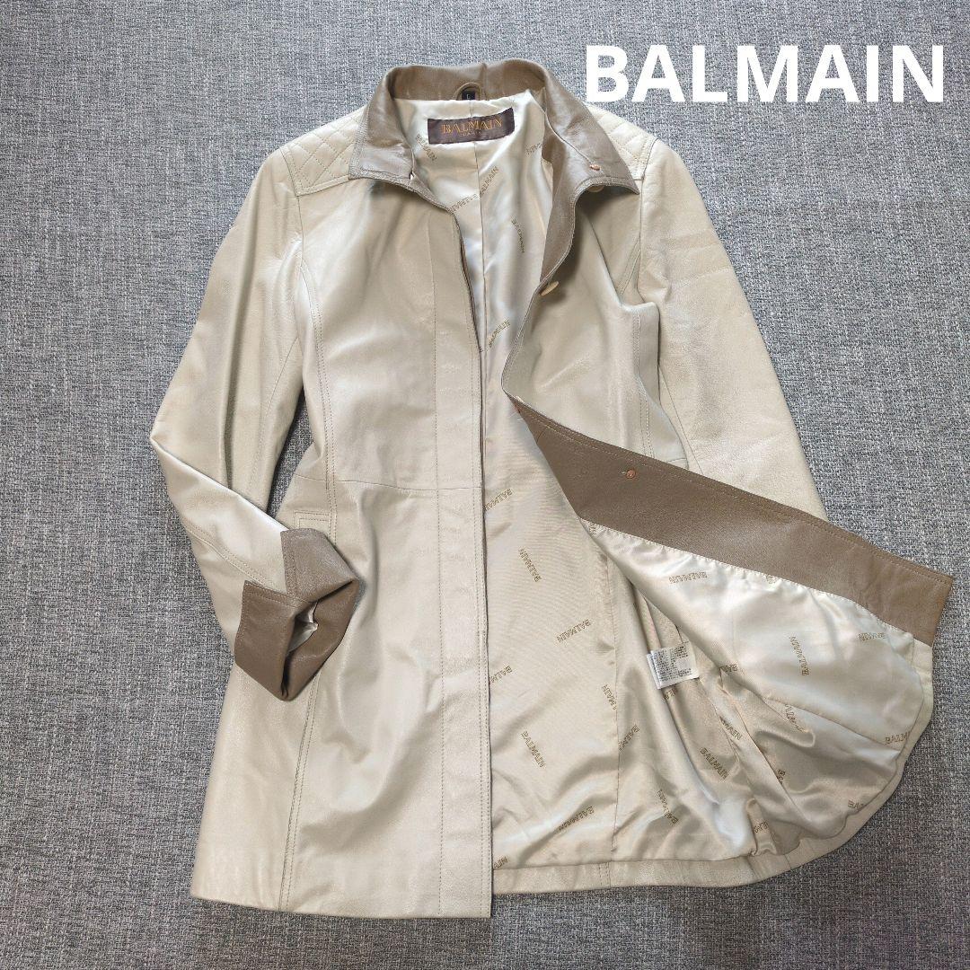 バルマン　ラムレザー　バイカラーコート　アイボリー×ブラウン　本革　羊革