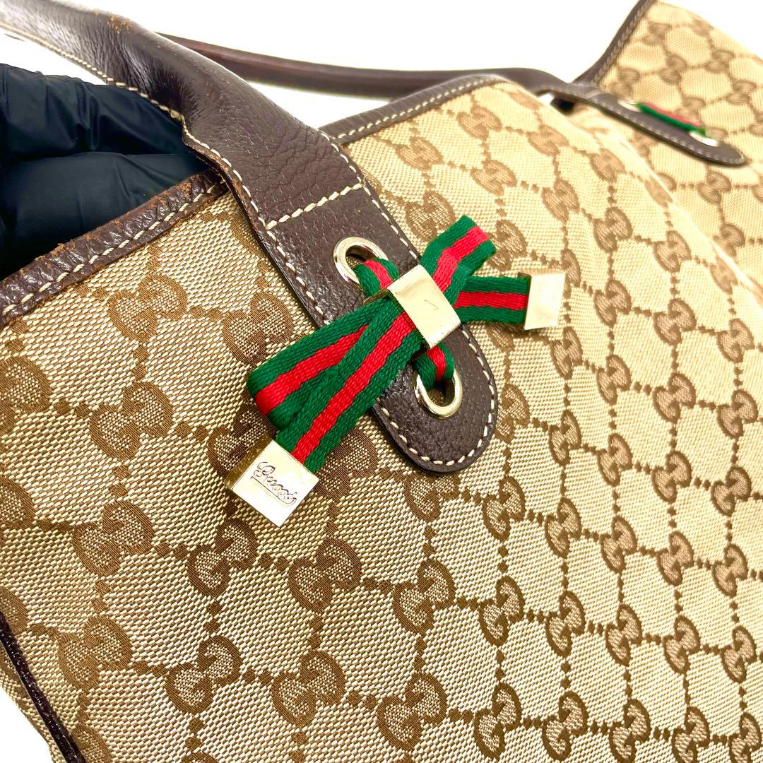 グッチ✨GGキャンバス レザー トートバッグ A4収納可 シェリーライン ハンド
