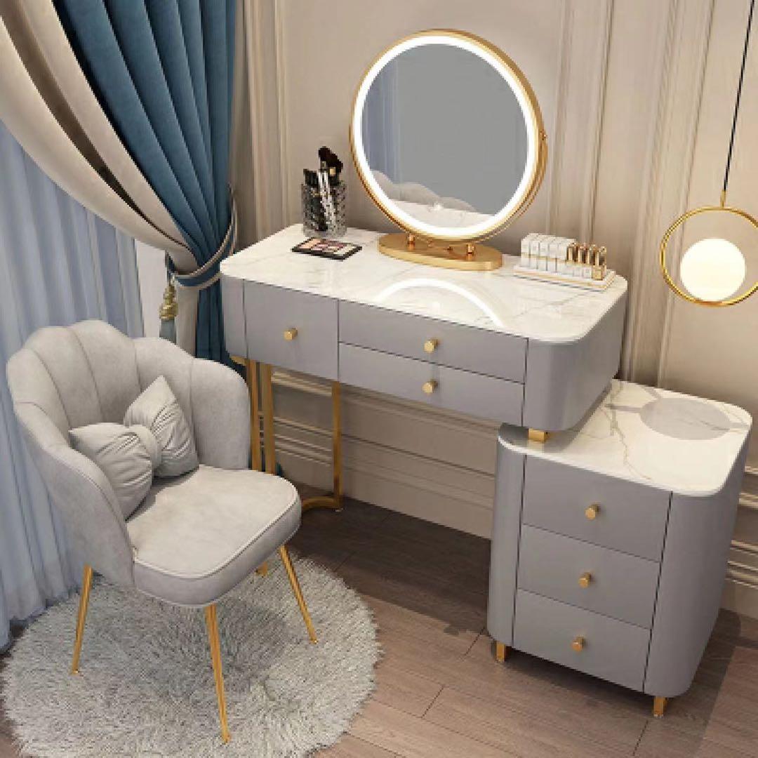 北欧風  ベージュ80cmオシャレドレッサーレザー調 大理石天板 LEDミラー