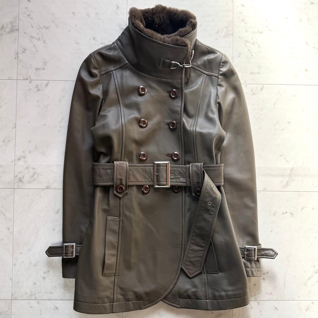 美品 BALMAIN ラムレザートレンチコート レッキスファー ベルテッド 9号