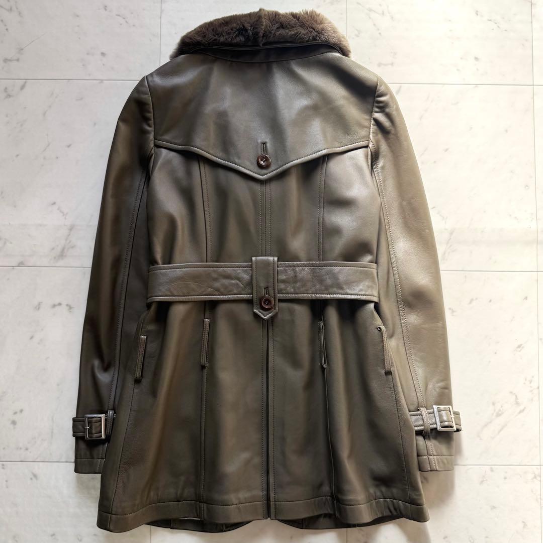 美品 BALMAIN ラムレザートレンチコート レッキスファー ベルテッド 9号