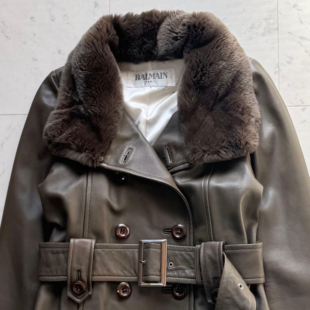 美品 BALMAIN ラムレザートレンチコート レッキスファー ベルテッド 9号