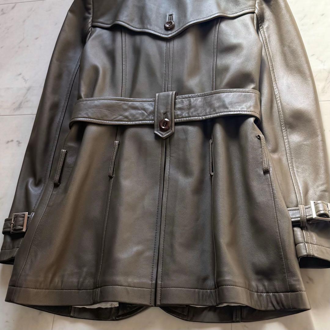 美品 BALMAIN ラムレザートレンチコート レッキスファー ベルテッド 9号