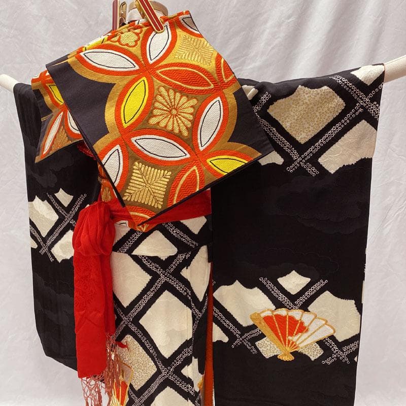 510ag36◎七五三 七歳 女児 着物&袋帯 部分絞り 金駒刺繍 刺繍 黒◎