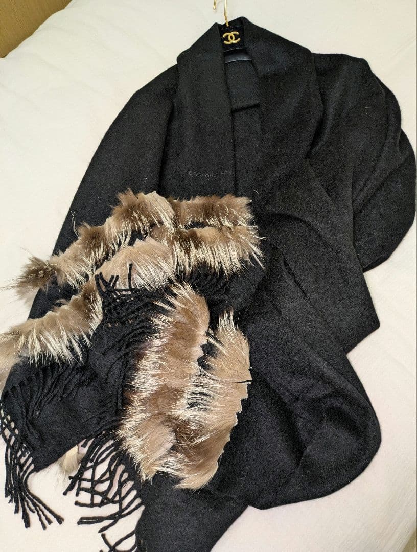 【ジャン ルイシェレル】カシミヤ100%　ファー付き特大判ストール　ショール美品