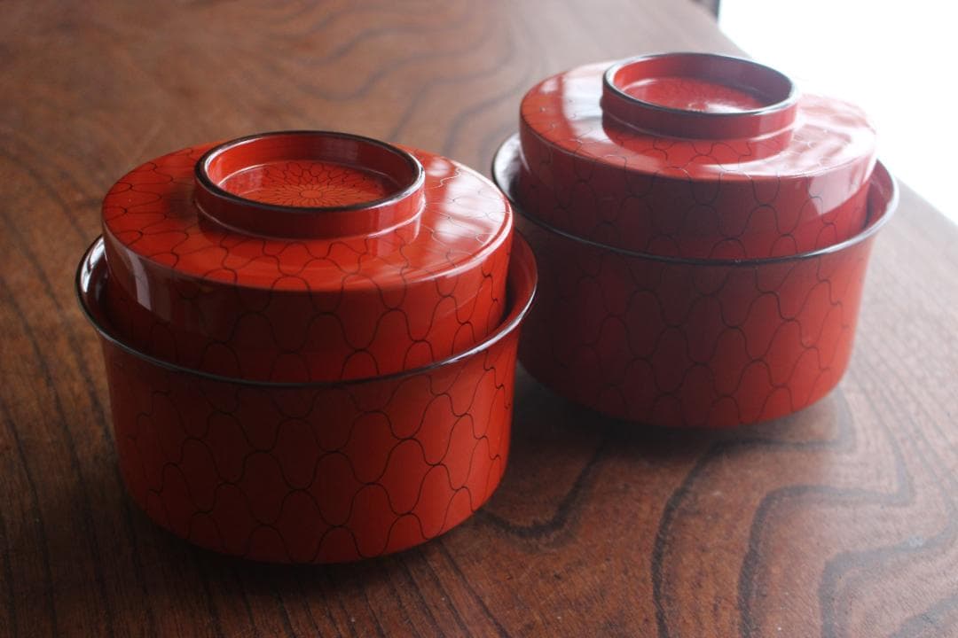 デッドストック！上質朱漆に風情ある網目文の映える筒形大椀2点（検京塗煮物椀