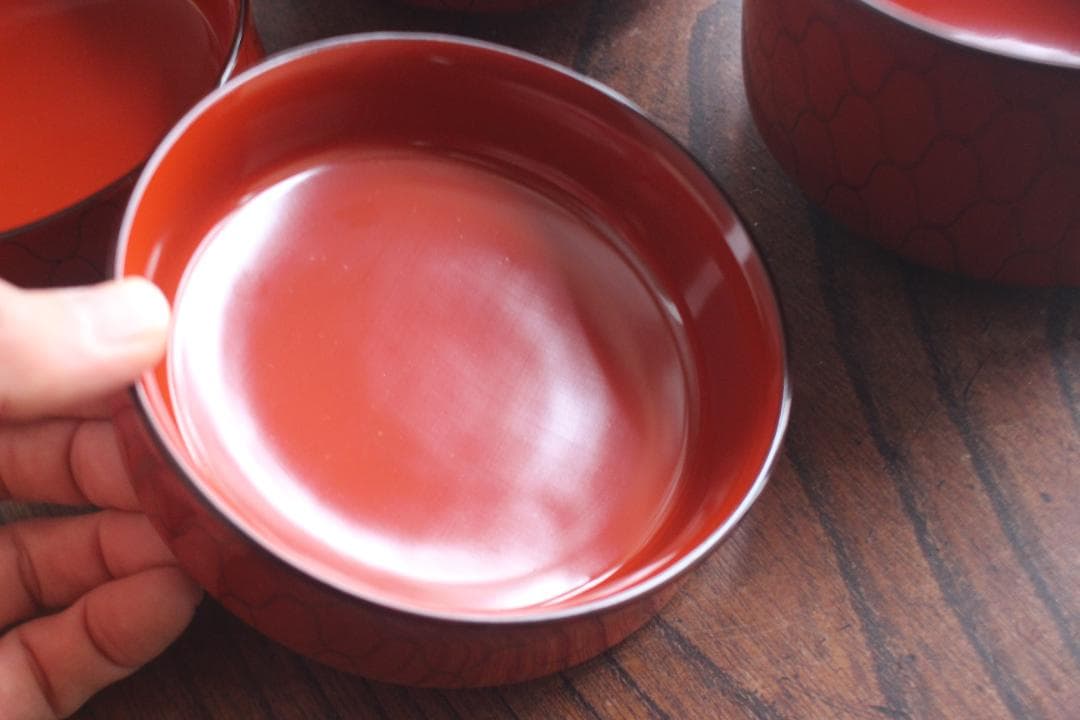 デッドストック！上質朱漆に風情ある網目文の映える筒形大椀2点（検京塗煮物椀