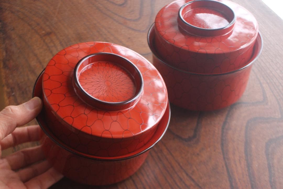 デッドストック！上質朱漆に風情ある網目文の映える筒形大椀2点（検京塗煮物椀