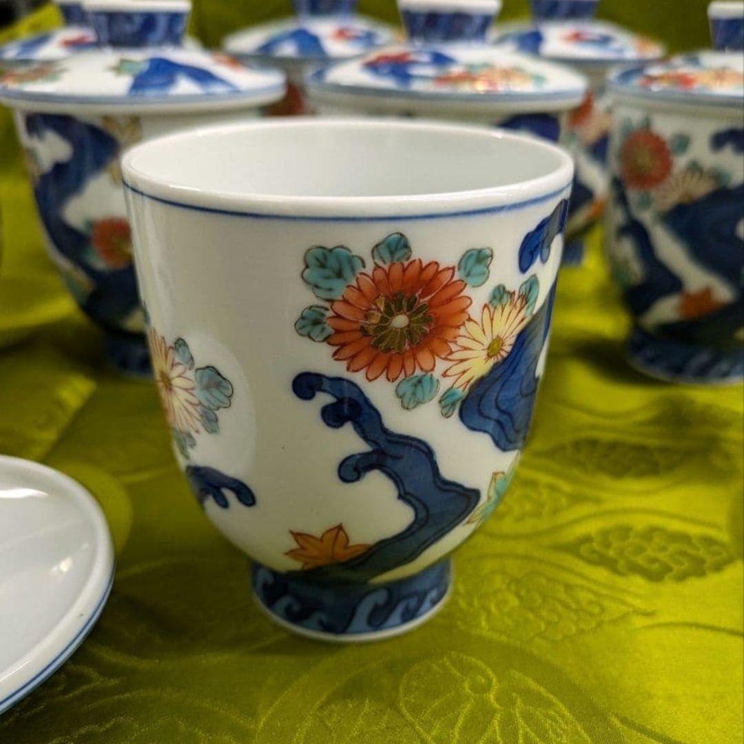 10客　翠山菊紅葉　金縁黒豆皿 受皿付　茶碗蒸し　有田焼　新品 未使用