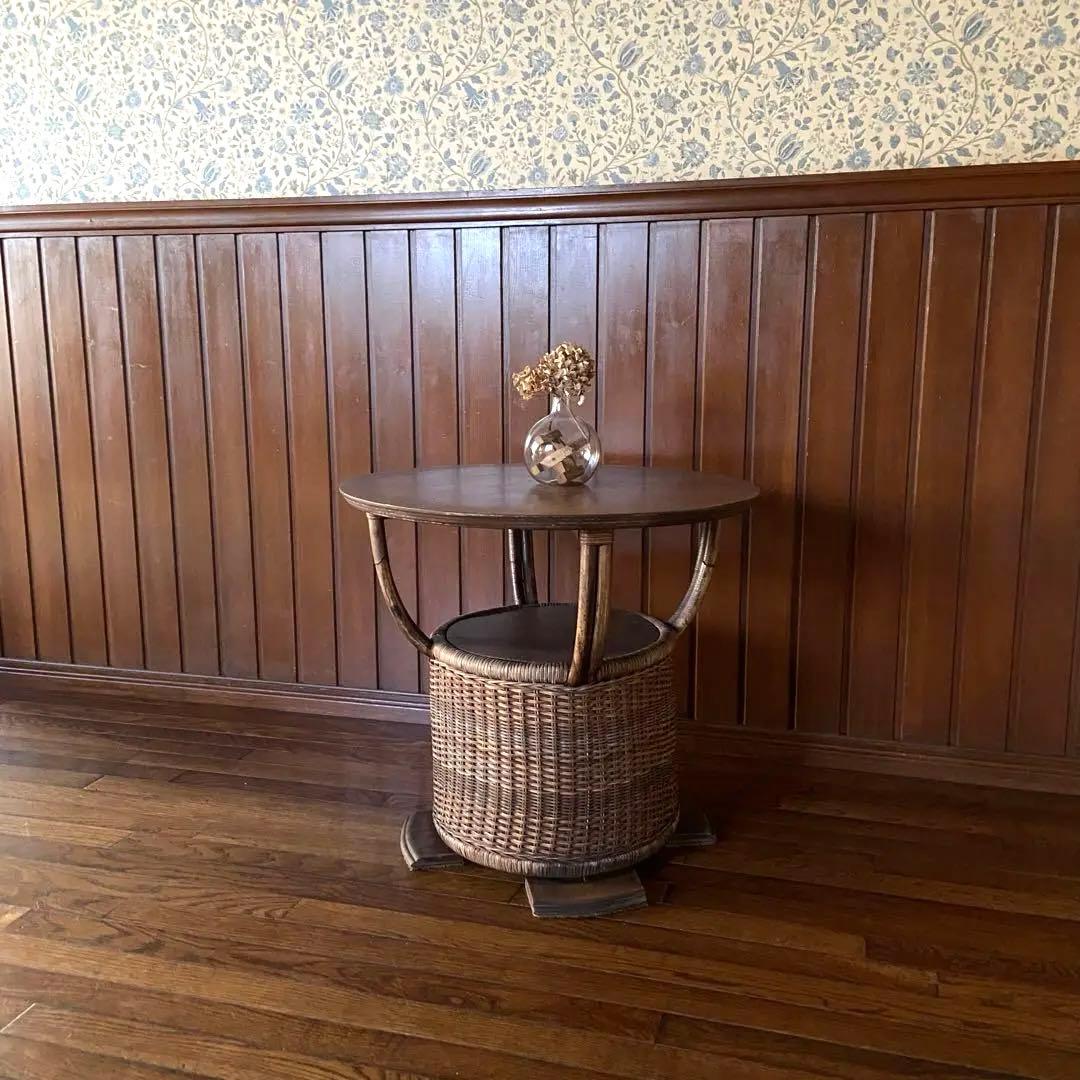 アンティーク　ラタンテーブル　籐家具　カフェテーブル　昭和レトロ