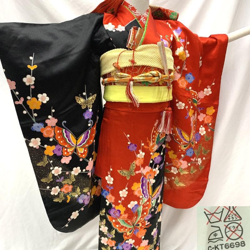 505ag19■七五三 七歳 女児 着物&袋帯&長襦袢 蝶 金彩■美品