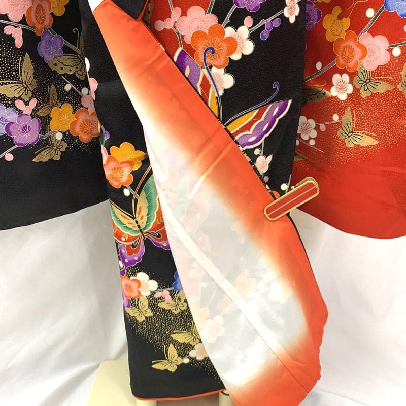 505ag19■七五三 七歳 女児 着物&袋帯&長襦袢 蝶 金彩■美品