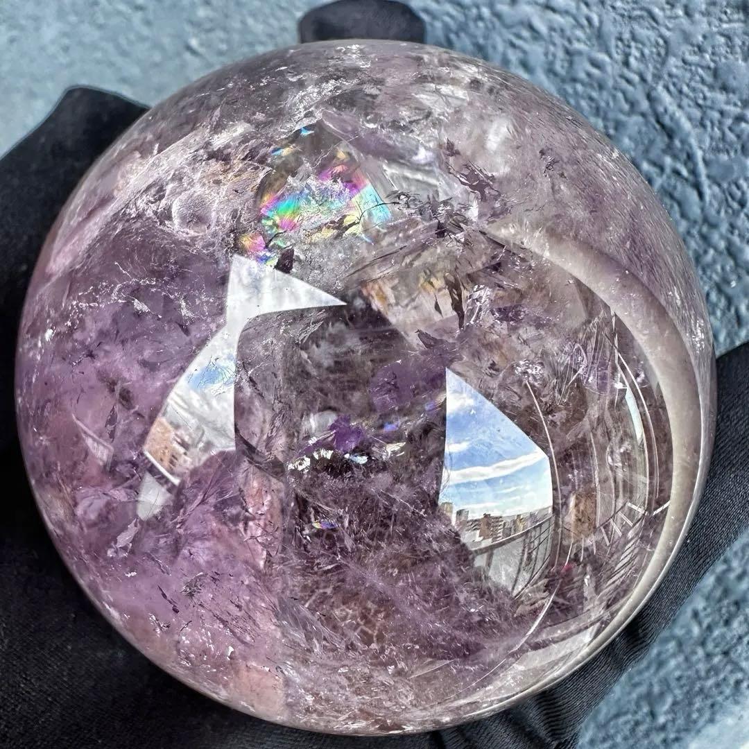 ラベンダー☆レインボー☆アメジスト·ライモナイト共生 丸玉スフィアA1275