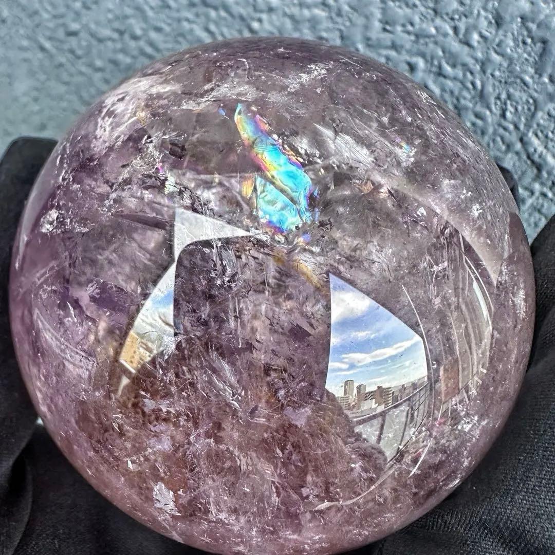 ラベンダー☆レインボー☆アメジスト·ライモナイト共生 丸玉スフィアA1275