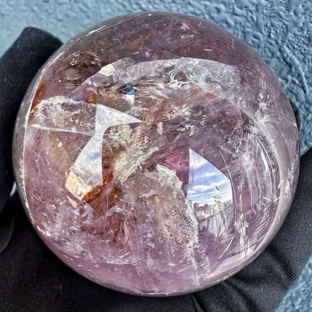 ラベンダー☆レインボー☆アメジスト·ライモナイト共生 丸玉スフィアA1275