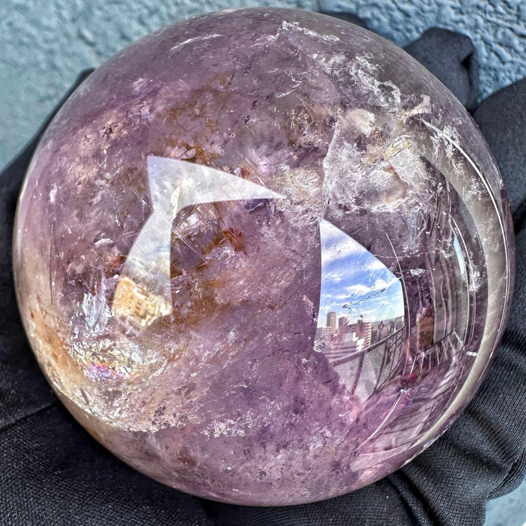 ラベンダー☆レインボー☆アメジスト·ライモナイト共生 丸玉スフィアA1275