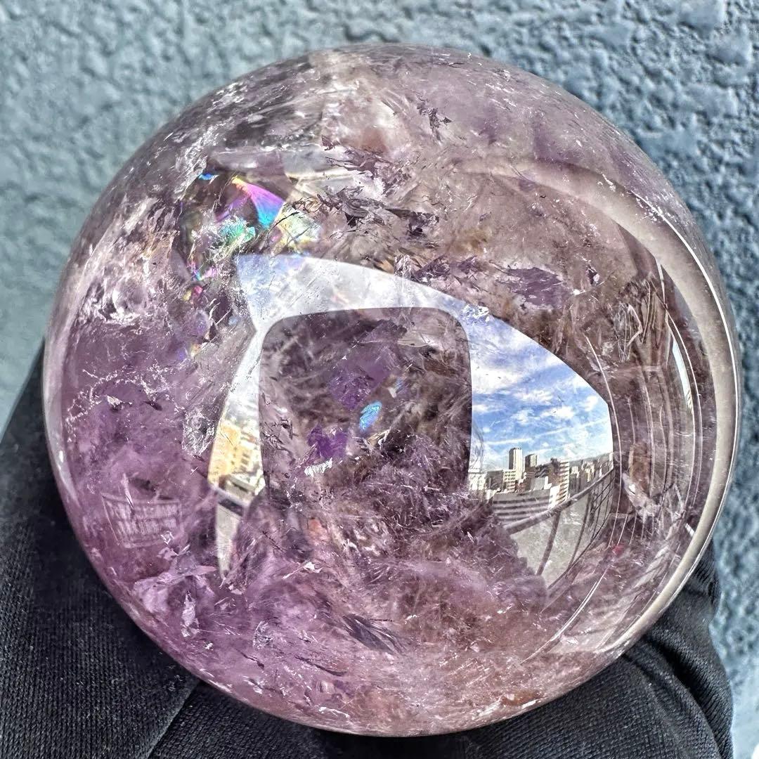 ラベンダー☆レインボー☆アメジスト·ライモナイト共生 丸玉スフィアA1275