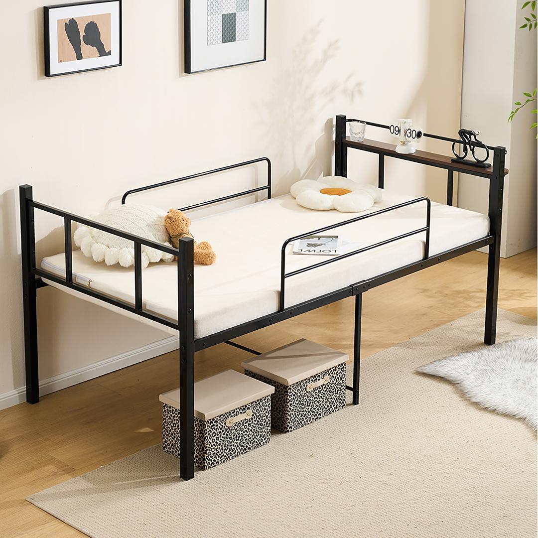 【ブラック】ロータイプベット 宮棚 ベッド シングル ロング パイプ ベット