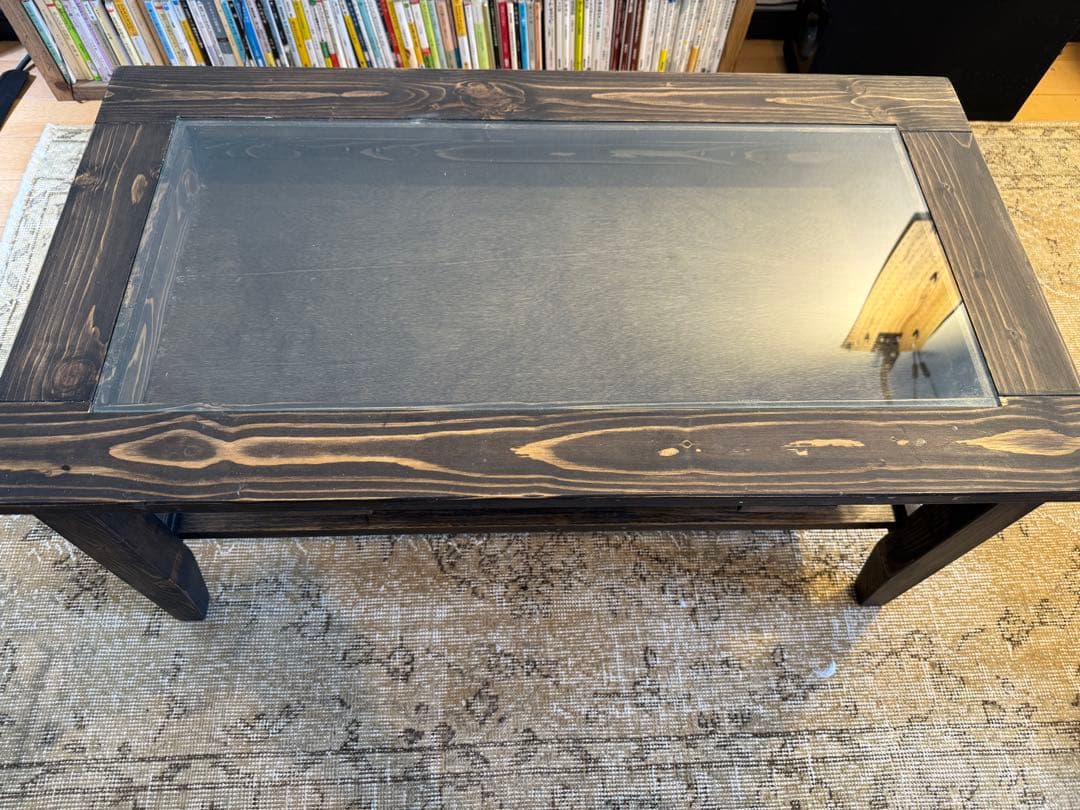 ガラス面付きローテーブル　センターテーブル 幅90cm木製 アンティーク