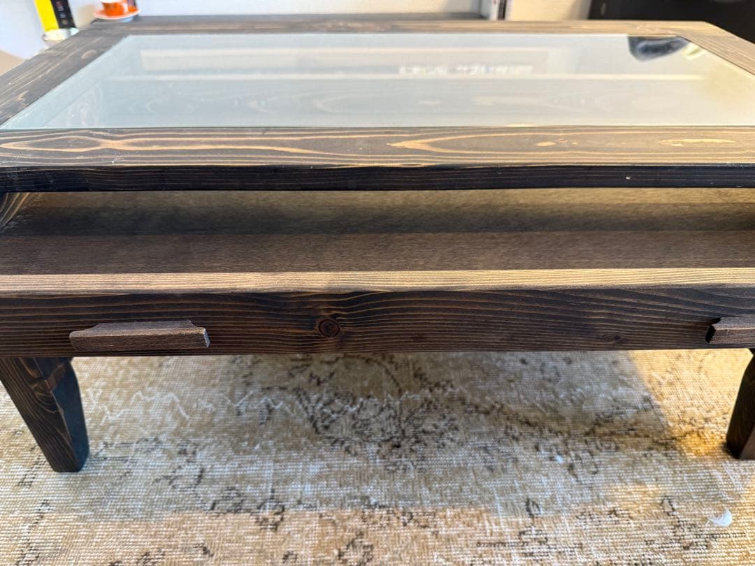 ガラス面付きローテーブル　センターテーブル 幅90cm木製 アンティーク