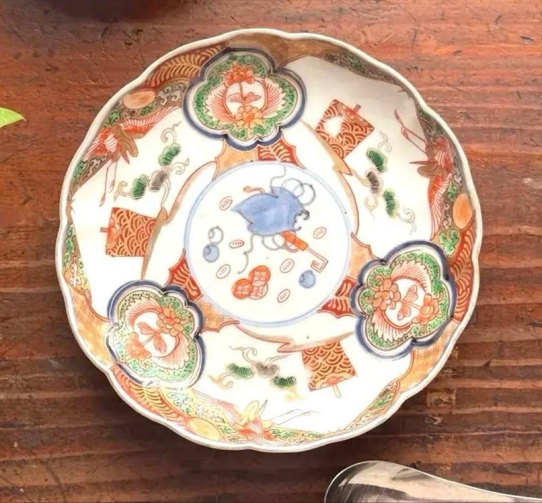 骨董皿　古伊万里金彩色絵皿　宝尽くし宝船花鳥文 平皿2枚