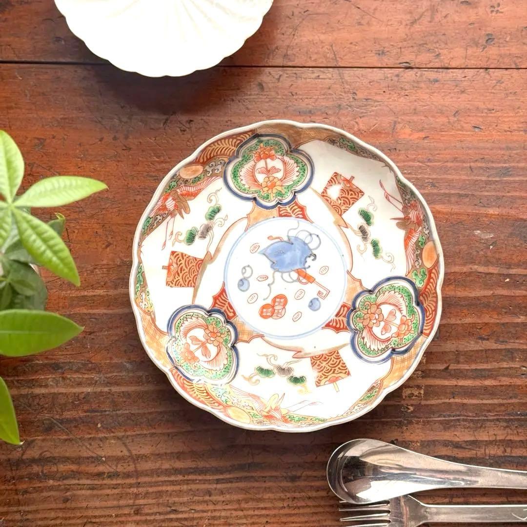 骨董皿　古伊万里金彩色絵皿　宝尽くし宝船花鳥文 平皿2枚