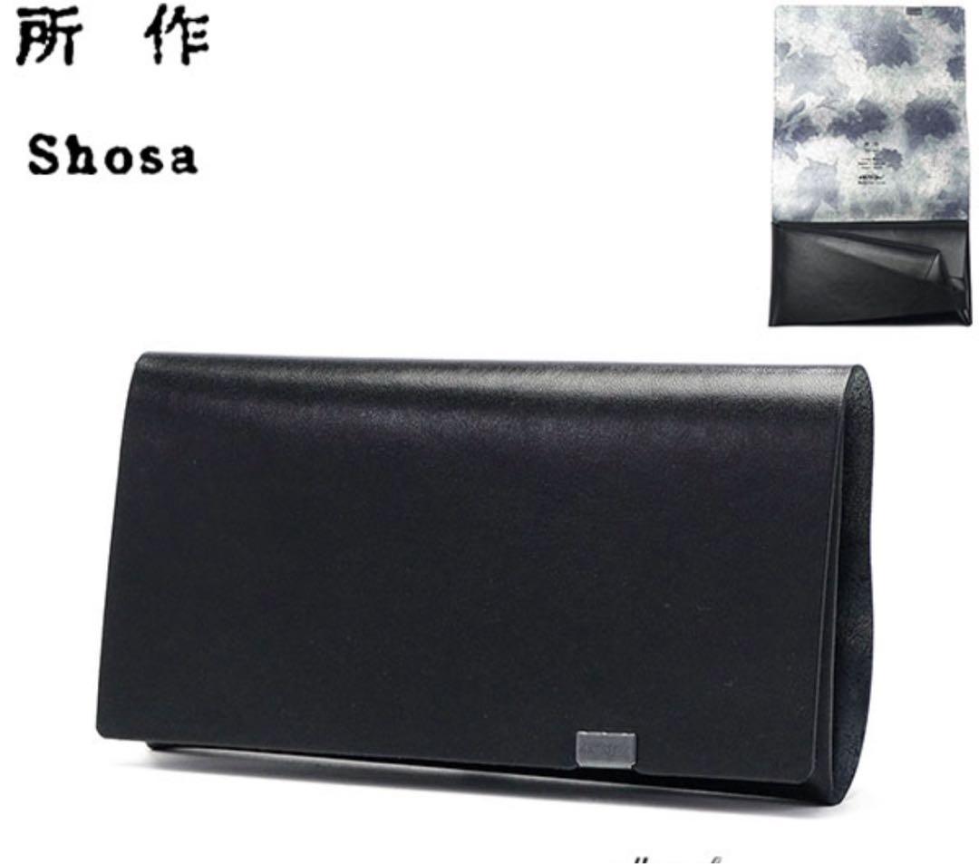 Shosa 本革 長財布 睡蓮画　ブラック×フローラル
