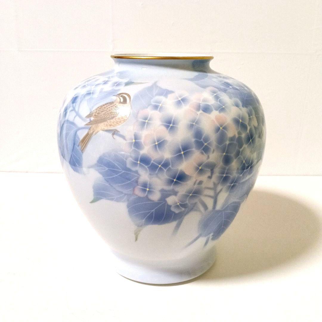 美品 有田焼 深川製磁 紫陽花小鳥文 花瓶 大型