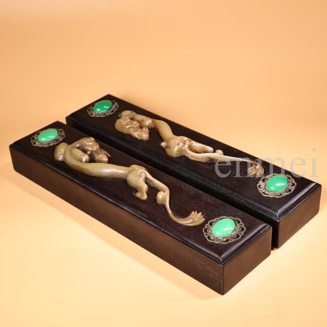 中国古美術・旧藏珍品・紫檀製文箱・獅子彫刻・翡翠象嵌・純手作り・書道具・時代物