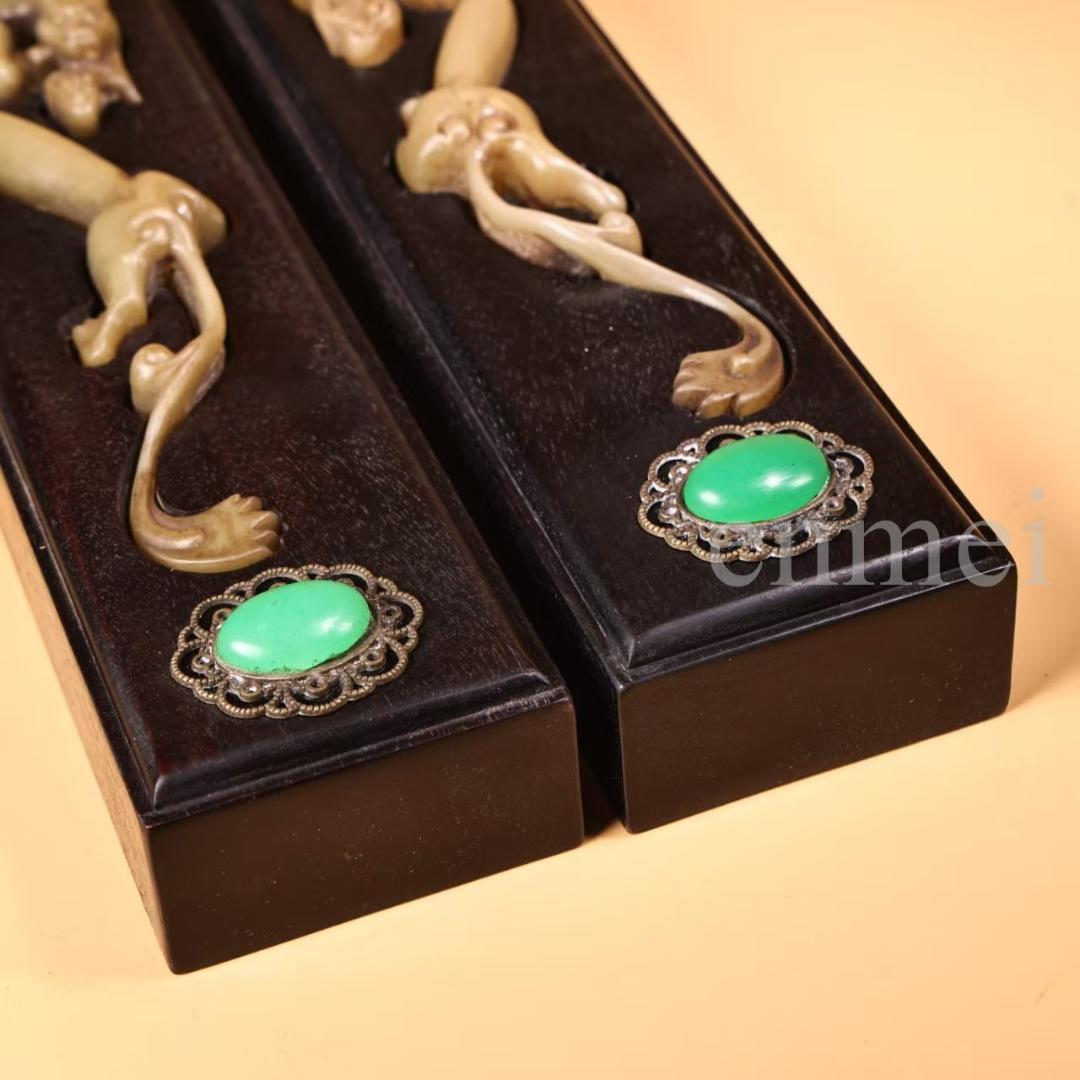 中国古美術・旧藏珍品・紫檀製文箱・獅子彫刻・翡翠象嵌・純手作り・書道具・時代物