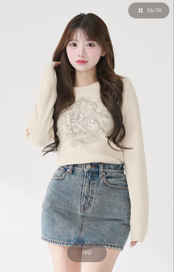 ダーリッチ DRビジューフラワーリブニットトップス アイボリー