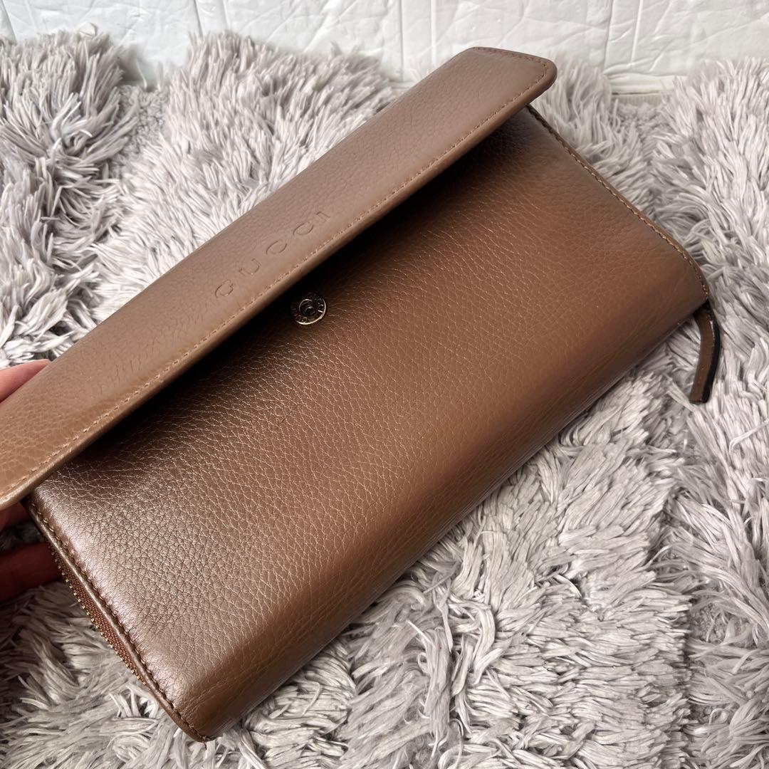 GUCCI 大容量　長財布　ラウンドファスナー　シボレザー　ブラウン　メンズ