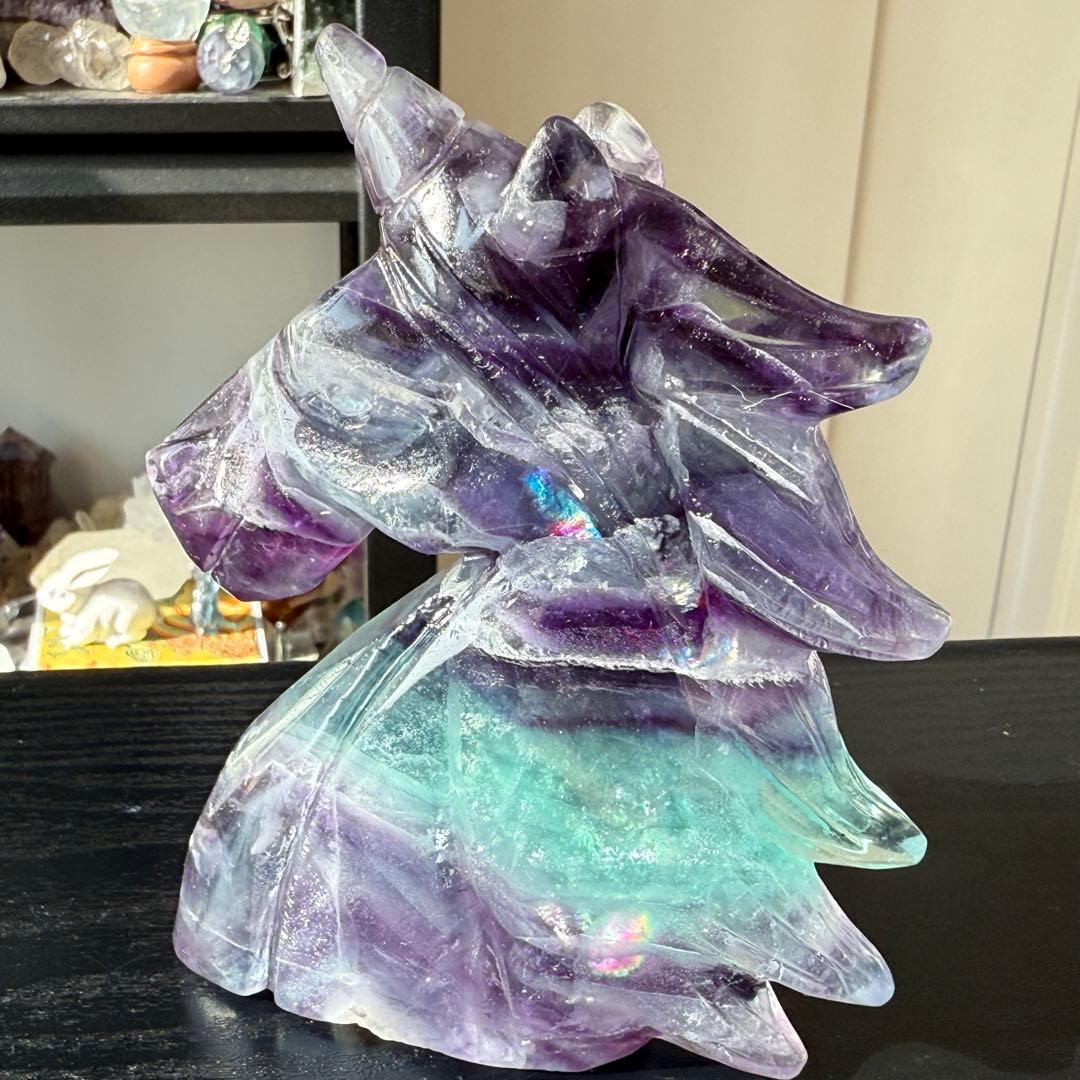 【ありあ】天然石フローライトのユニコーン　置物　彫物NO.011615