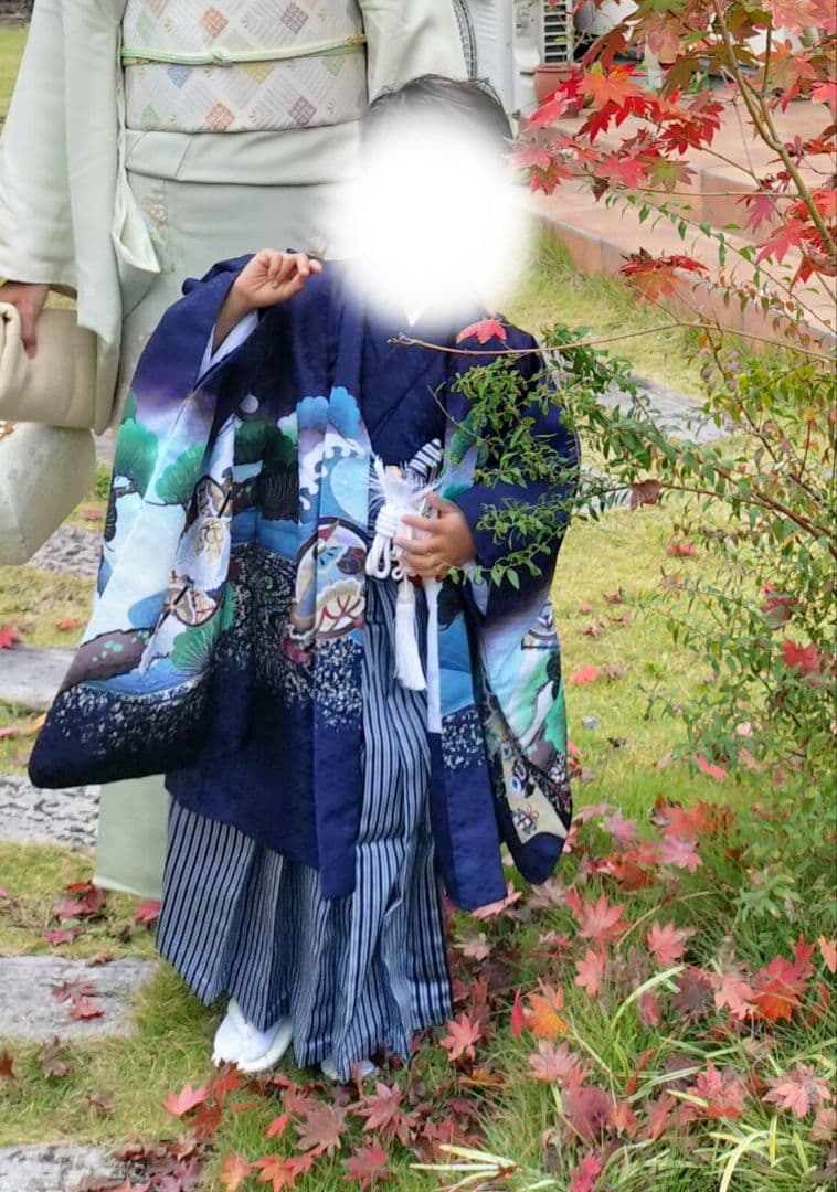 七五三　男の子　５歳　紺色 着物 鷹と風景模様