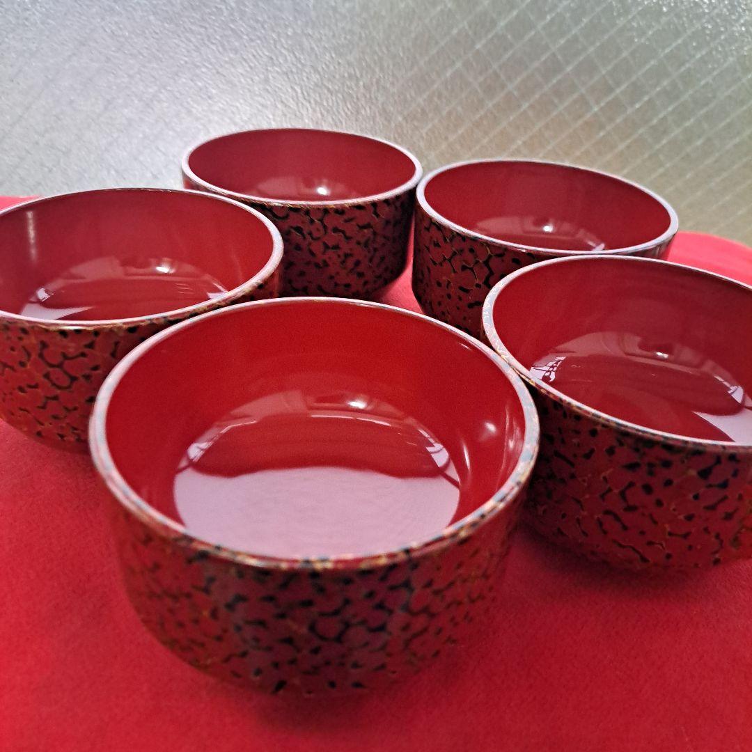 【津軽塗　唐塗　筒型　汁椀/飯椀×5客】天然木製　赤上　未使用/長期保管品