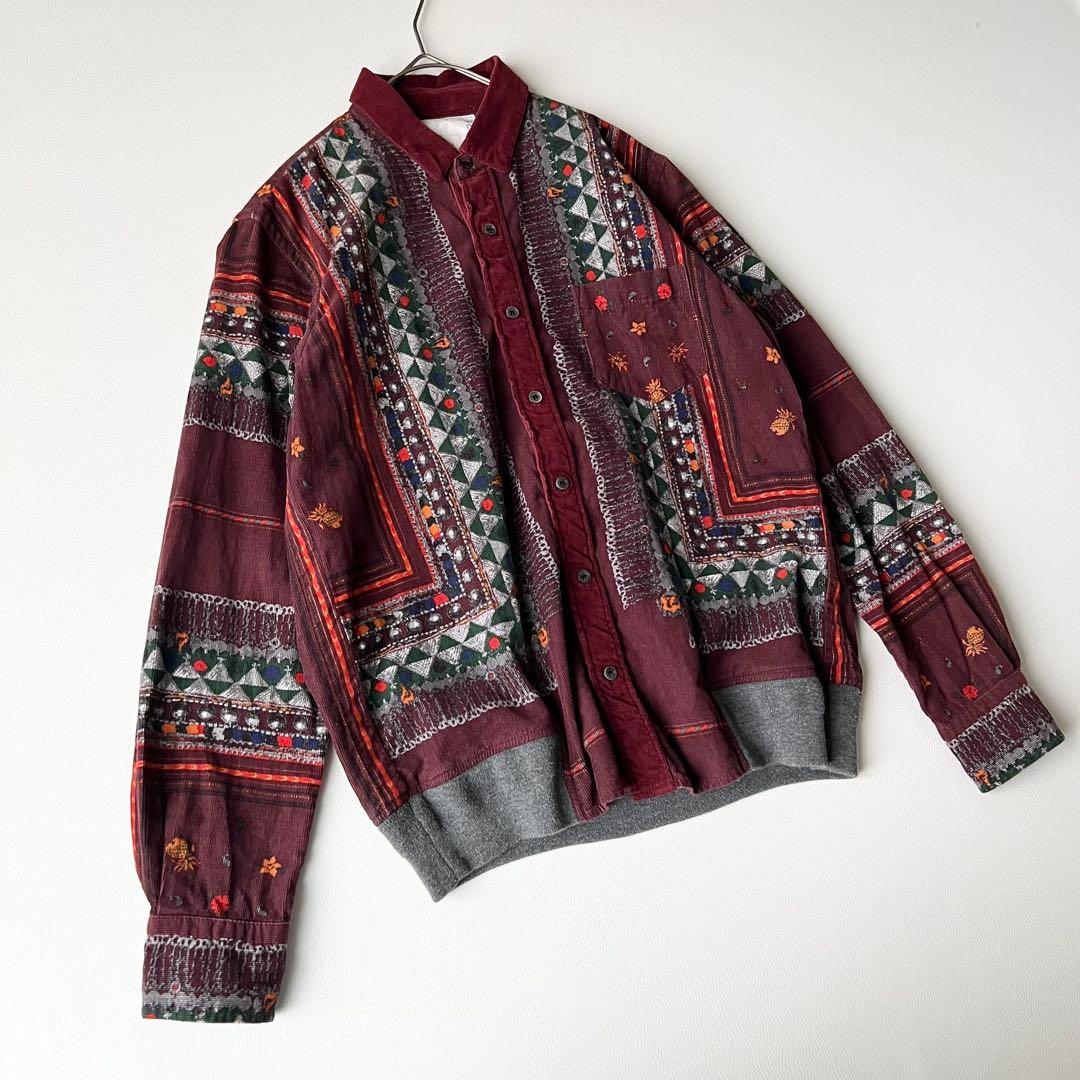 3203【美品】サカイ　コーデュロイシャツ ブルゾン　総柄　民族柄　S