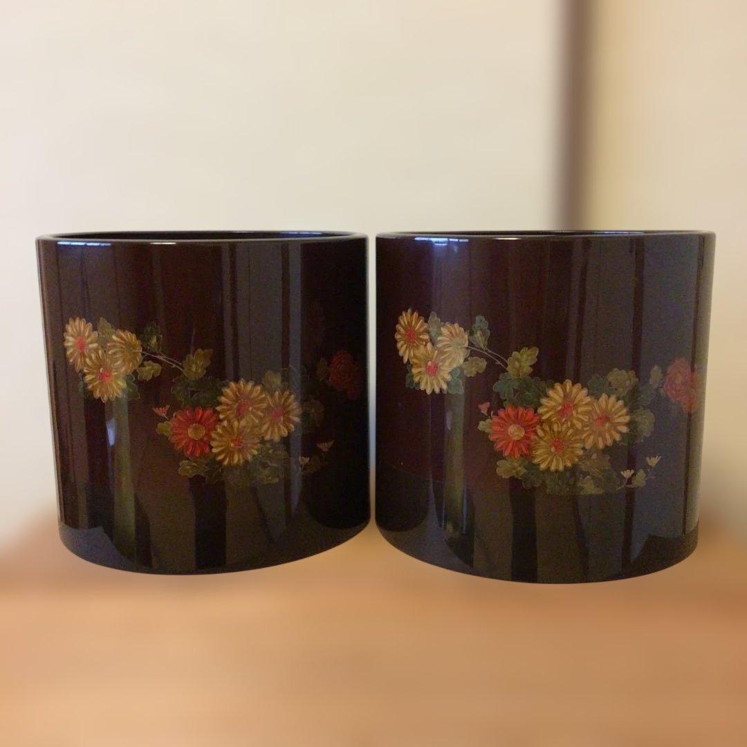 アンティーク　輪島塗り　手あぶり　火鉢　一対　木箱付き　落とし付き　呂色　菊模様