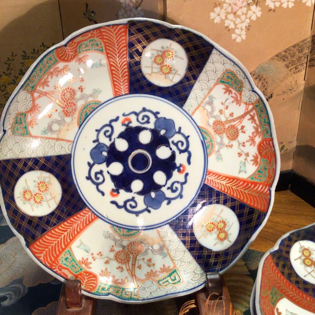 454古伊万里 染錦手 見込花唐草 窓絵花鳥紋様 8寸 5枚