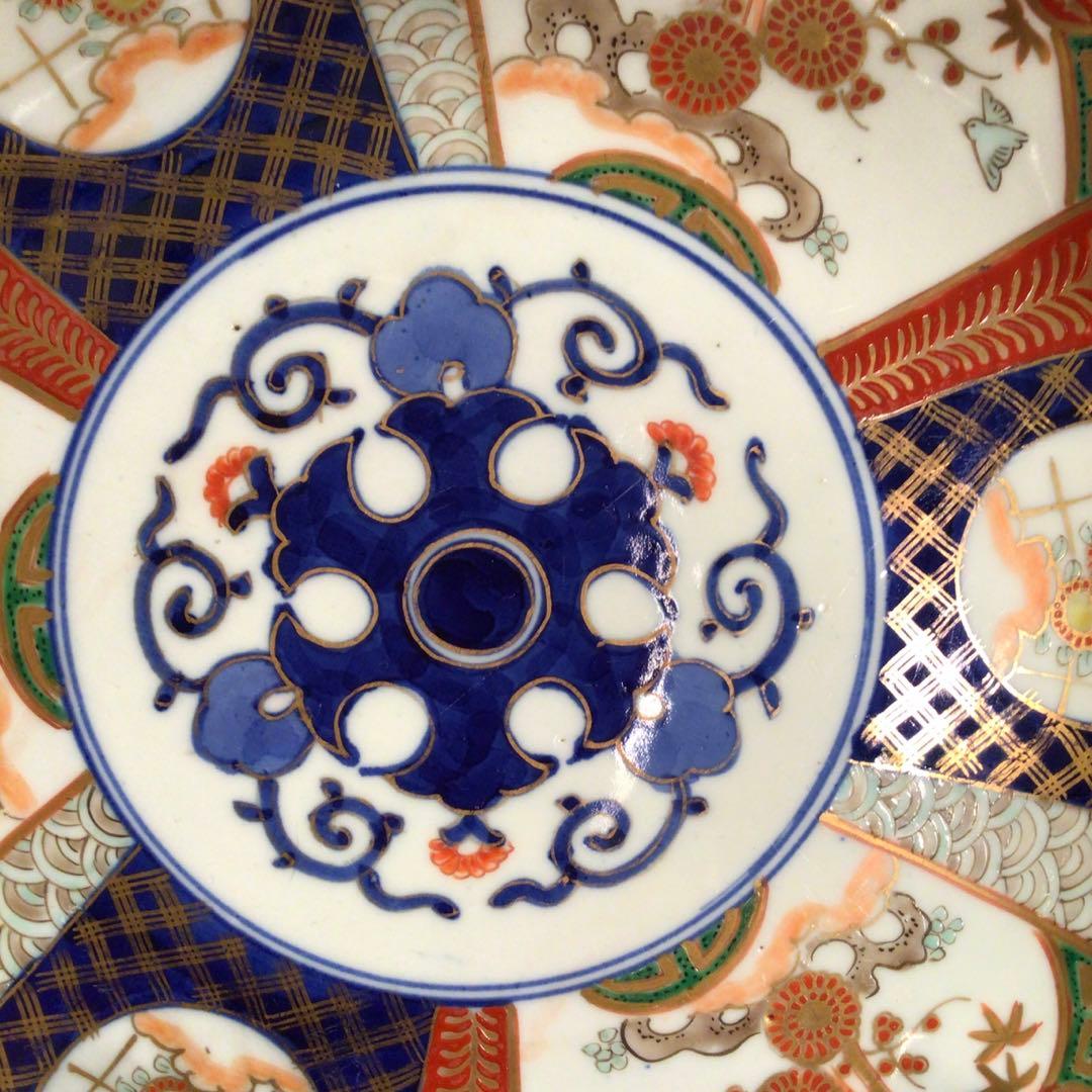 454古伊万里 染錦手 見込花唐草 窓絵花鳥紋様 8寸 5枚