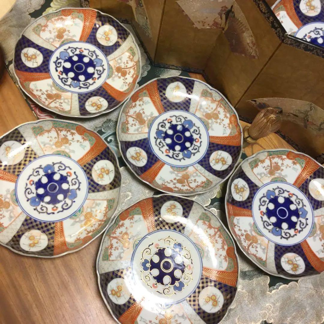 454古伊万里 染錦手 見込花唐草 窓絵花鳥紋様 8寸 5枚