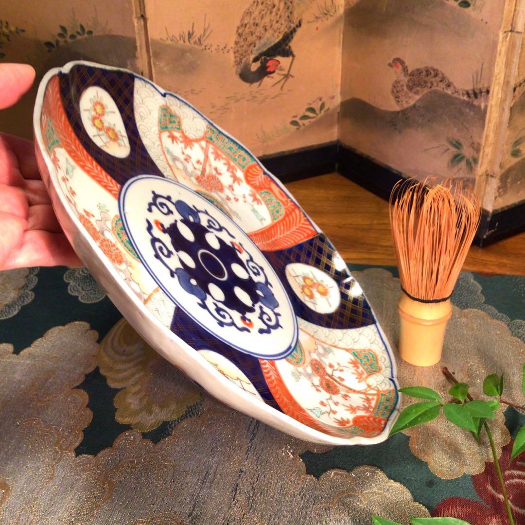 454古伊万里 染錦手 見込花唐草 窓絵花鳥紋様 8寸 5枚