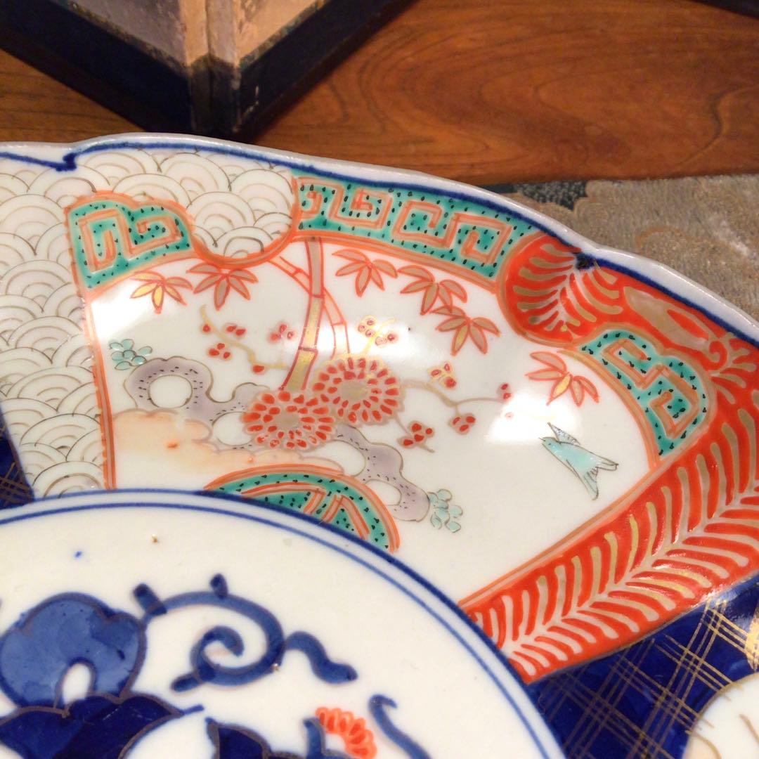 454古伊万里 染錦手 見込花唐草 窓絵花鳥紋様 8寸 5枚