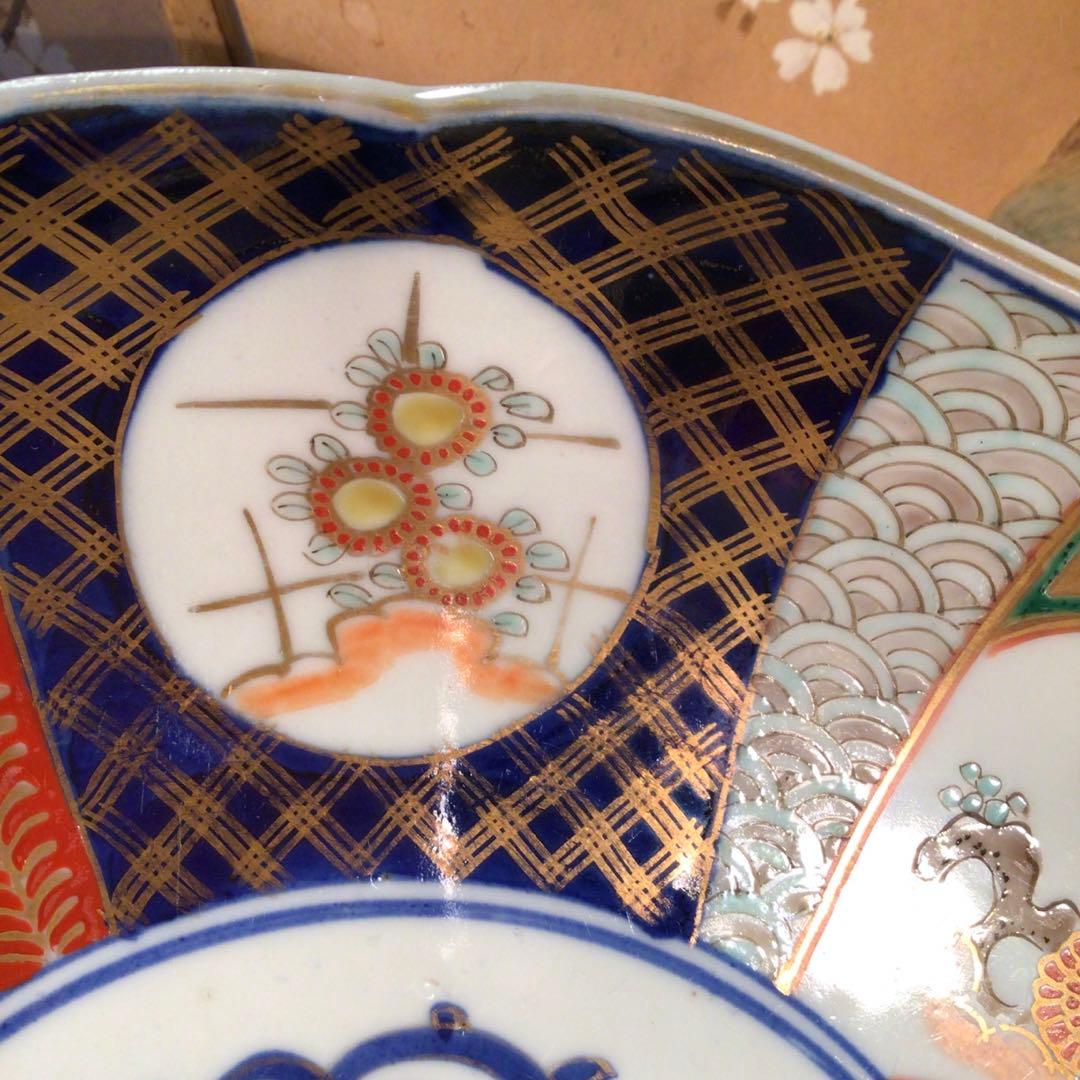 454古伊万里 染錦手 見込花唐草 窓絵花鳥紋様 8寸 5枚