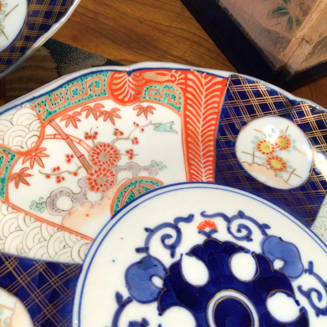 454古伊万里 染錦手 見込花唐草 窓絵花鳥紋様 8寸 5枚